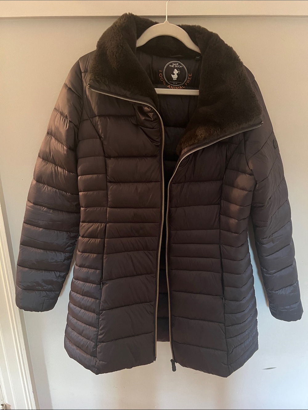 Save the Duck silver gray Quilted Puffer Coat with Faux-Fur Collar